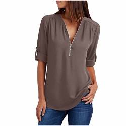 TURWXGSO Bluse Damen Elegant V-Ausschnitt T-Shirt Mit Reißverschluss Langarmshirt Chiffon Bluse Damen Sommer Tops Lässige T-Shirt Mode Lose Bluse Basic Tee Tops Blusen von TURWXGSO