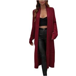 TURWXGSO Damen Lange Strickjacke mit Tasche Vorne Offen Lange Ärmel Einfarbig Lose Oberteile Wadenlange Bluse Herbst Winter Übergangsmantel Alltagskleidung Übergangsjacke Lang Strick Cardigan von TURWXGSO