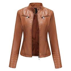 TURWXGSO Damen Lederjacke Stehkragen Schlanke Passform Reißverschluss Kunstleder Jacke Langarm Einfarbig Motorradjacke Herbst Cardigan Outdoor Tägliche Kleidung Petite Große Größe S-XXXL von TURWXGSO