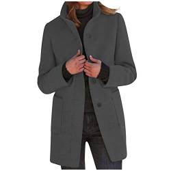 TURWXGSO Damen Mantel Elegante V-Ausschnitt Reverskragen Knopf Mittellang Mantel Langarm Einfarbige Tasche Locker Lange Jacke Herbst Frühling Übergangsjacke Outwear Trenchcoat Große Größe S-XXXL von TURWXGSO