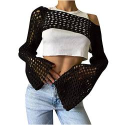 TURWXGSO Damen Oberteile Hollow Out Häkel-Strickpullover Crop Tops Rundhals Skelett Langarm Pullover Cropped Pullover Cover Up Pullover Tops Y2K Streetwear Einfarbig Langarm-Strickbluse von TURWXGSO