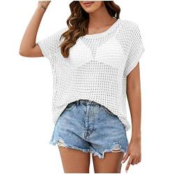 TURWXGSO Damen Oberteile Kurzarm Shirt Häkeltop Cut-Out Top Sommer Neue Frauen Solide Farbe Bluse Lockere Oberteile Große Größen Gestrickt Shirt Damenbluse Sexy Cover-Ups von TURWXGSO