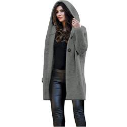 TURWXGSO Damen-Strickjacken, Übergröße, grob gestrickt, lässig, lockere Passform, Pullover mit Kapuze, Langarm, einfarbig, Mäntel, Knopfleiste, Midi-Länge, Grau#4, 54 von TURWXGSO