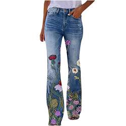 TURWXGSO Hose für Damen UK Blumendruck Imitation Jeans Hose Elastische Taille Button Down Hose Slim Fit Weite Bein Hose Dehnbar Elegante Hose mit Taschen, 01 blau, S von TURWXGSO