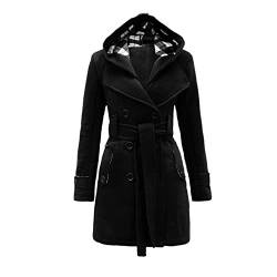 TURWXGSO Jacke Damen Kapuzenjacke mit Gürtel Retro Trenchcoat Elegant Zweireihig Langarm Mittellang Mantel Einfarbig Slim Fit Frühling Herbst Übergangsjacke Vintage Outdoor Streetwear von TURWXGSO