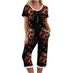 TURWXGSO Loungewear Damen Set Sommer Kurzarm Top Und 3/4 Hosen Pyjama Famulily Schlafanzug Damen Pyjama Set Herbst Pyjama V-Ausschnitt T-Shirt + Hosen Zweiteiliger 2 Teiler Mit Taschen von TURWXGSO