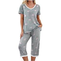 TURWXGSO Loungewear Damen Set Sommer Kurzarm Top Und 3/4 Hosen Pyjama Famulily Schlafanzug Damen Pyjama Set Herbst Pyjama V-Ausschnitt T-Shirt + Hosen Zweiteiliger 2 Teiler Mit Taschen von TURWXGSO