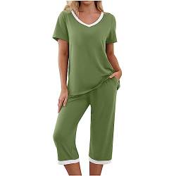 TURWXGSO Loungewear Damen Set Sommer Kurzarm Top Und 3/4 Hosen Pyjama Famulily Schlafanzug Damen Pyjama Set Herbst Pyjama V-Ausschnitt T-Shirt + Hosen Zweiteiliger 2 Teiler Mit Taschen von TURWXGSO