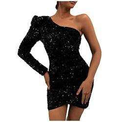 TURWXGSO Pailletten Kleid Damen Langarm One Shoulder Partykleid Figurbetontes Cocktailkleid Bodycon Bleistiftkleid Retro Einfarbig Clubwear Party Karneval Festlich Vintage Rockabilly Minikleid von TURWXGSO