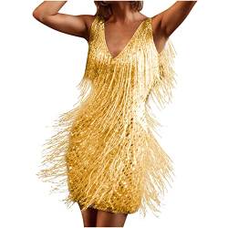 TURWXGSO Partykleid Damen Sexy Spaghettiträger V-Ausschnitt/Eine Schulter Mini Kleid Pailletten Quaste Feder Bodycon Kleid 1920er Jahre Figurbetontes Ärmelloses Kleid für Festival Club Karneval S-XXL von TURWXGSO