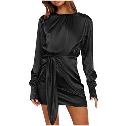 TURWXGSO Seide Kleider für Frauen Elegante Rüschen Mini Kleid, Schwarz Langarm Rundhalsausschnitt Kleider, Satin Kleid für Frauen Hochzeitsgast Tee Party Kleid von TURWXGSO