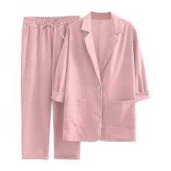 TURWXGSO Zweiteiliges Damen-Outfit, Baumwoll-Leinen-Anzug, langärmelig, Knopfleiste, Blazer, Mantel, Kordelzug, Hose, Set, Büro, Arbeit, Business, leicht, bequem, Loungewear-Sets, 01 Rosa, XX-Large von TURWXGSO