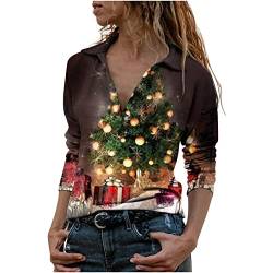 Weihnachtsbluse Damen Langarmshirt V-Ausschnitt Reverskragen Shirts Weihnachtsthema Muster Lässiges Hemdbluse Bedrucken Oberteile Lose Bluse Leicht Festliche Top von TURWXGSO