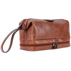 TUSC Proton Braun Leder kulturtasche kulturbeutel für Herren Damen, Leder Kosmetiktasche Waschtasche Waschbeutel Rasierentasche, Leather Toiletry Bag von TUSC