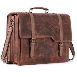 TUSC Tygon Braun Leder Lehrertasche Laptoptasche 14 Zoll 15,6 Zoll Herren Umhängetasche Aktentasche Schultertasche für Büro Notebook Messenger Bag Laptop iPad, Größe- 43x33x16 cm von TUSC