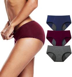 TUTUESTHER Damen Perioden Schlüpfer Menstruation Unterwäsche Auslaufsicher Höschen aus Baumwolle Absorbierend Unterhose Slip（XXL-EU 46, Grau/Weinrot/Navy blau） von TUTUESTHER