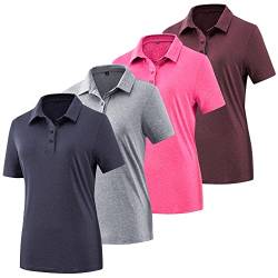 Damen-Golf-Polo-Shirt, leicht, feuchtigkeitsableitend, kurzärmelig, schnell trocknend, athletisches Tennis-Tops, 4er-Pack Dunkelviolett, Hellgrau, Rosa, Dunkelrot, Groß von TVKSOM