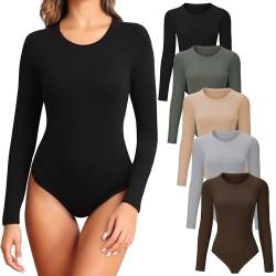 TVKSOM 4/5 Pack Langarm Bodysuit für Frauen Rundhals Casual Basic Stretchy Body Suits Tops, 5er-Pack Schwarz Nude Hellgrau Olivgrün Kaffee, XL von TVKSOM