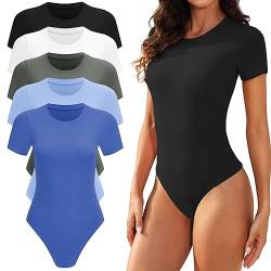 TVKSOM 5er-Pack Body für Damen, kurzärmelig, Rundhalsausschnitt, lässig, dehnbar, Basic-T-Shirt, Bodysuit, Tops, 5er-Pack Schwarz, Weiß, Himmelblau, Königsblau, Olivgrün, S von TVKSOM