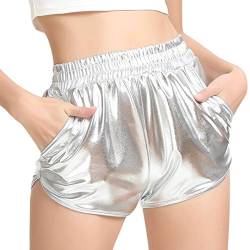 TWIFER Damen Hohe Taille Yoga Sport Shorts 2022 Sommer Kurz Hosen Shiny Hotpants Metallic Leggings von TWIFER Damen