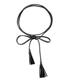Damen Mädchen Slim Fit Gürtel Retro Style PU Leder Geflochtene Bauchkette mit Tassel 160cm Lang Waistband Chain schwarz von TY