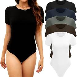 TYCTOS 5 Pack Kurzarm Body Suits Frauen Rundhals Bodysuit Shirts für Frauen Täglich Casual T Shirt Bodysuit Frauen, 5er-Pack: Schwarz & Weiß & Marineblau & Kaffee & Olivgrün, L von TYCTOS