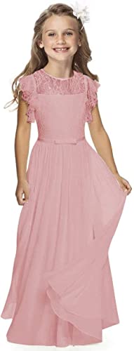 TYHTYM Blumenmädchen-Kleid, Festzug, Hochzeit, Spitzenkleid, Ballkleid, Ballkleid, Mädchen, Partykleid, Flatterärmel, Weiß Gr. (12-13 Jahre, Rosa) von TYHTYM