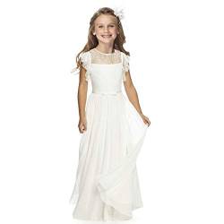 TYHTYM Blumenmädchen-Kleid, Festzug, Hochzeit, Spitzenkleid, Ballkleid, Ballkleid, Mädchen, Partykleid, Flatterärmel, Weiß Gr. 12-13 Jahre, beige von TYHTYM