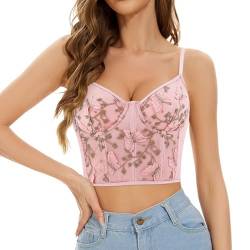 TYNORA Damen Mesh Floral Stickerei Spaghetti Strap Cami Crop Tops Spitzenbesatz Bralette Cami Bustier Top Nachtclub, Pink Butterfly, Klein von TYNORA