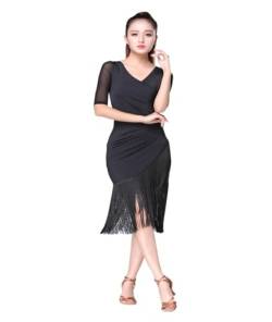 Lateinische Tanzkleidung Schwarzes Latin Dance Dress Kurzärmliges Latin Dance Quaste einteiliges Kleid for Frauen weibliche Ballroom Tango Cha Cha Rumba Kostüme Lateinkleid (Color : Black, Size : 4X von TYNXK