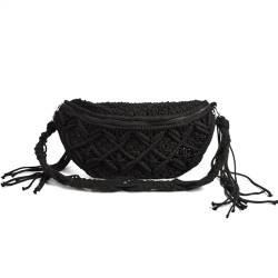 Strohsack Gürteltasche Baumwolle gewebte Outdoor-Mappen-Sommer-Persönlichkeits-Handtasche Woven Straw Damen Tasche (Color : Black) von TYNXK