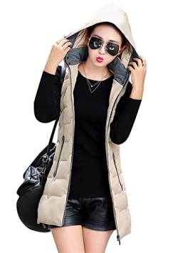 TYQQU Damen Casual Vest Lange Weste Kapuzenweste Gilet Steppweste Reißverschluss Mit Zwei Taschen Beige Xs von TYQQU