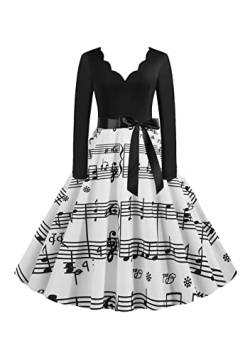 TYQQU Damen Elegantes Schmales Midikleid Mit V Ausschnitt A-Linie Langärmliges Vintage Hepburn Kleid Musik Note 3XL von TYQQU