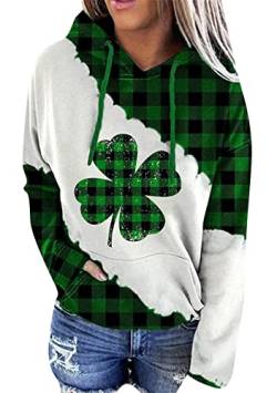 TYQQU Damen Glücksklee-Sweatshirt St. Patricks Day Herbst Lose Niedlich Lange Ärmel Taschen Hoodies Grid Grün 3XL von TYQQU