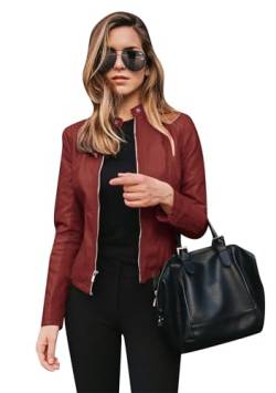 TYQQU Damen Kunstleder Casual Jacke Mode Slim Jacke Mantel Langarm Reißverschluss Jacke Burgund 3XL von TYQQU