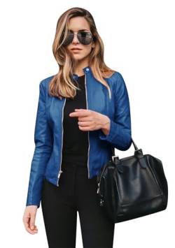 TYQQU Damen Langarm Jacke Mit Reißverschluss Fashion Slim Fit Jacket Mantel Biker Kunstleder Jacke Blau M von TYQQU