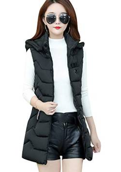 TYQQU Damen Schlank Ärmellos Weste Lang Weste Herbst Kapuzen Gilet Steppweste Reißverschluss Winter Herbst Casual Schwarz L von TYQQU