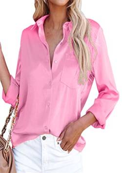 TYQQU Damen Sommer Casual Bluse Elegante Langarm Hemd V Hals Unifarbene Satin Oberteile Rosa XXL von TYQQU