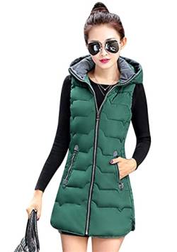 TYQQU Damen Weste Winter Herbst Warm Kapuzen Gilet Steppweste Reißverschluss Lange Weste Grün L von TYQQU