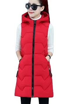 TYQQU Frauen Gepolstert Bodywarmer Weste Winter Tragen Lange Warme Mantel Taschen Zipper Slim Gilet Pure Red Xs von TYQQU