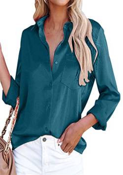 TYQQU Frauen Solides Einfaches Bürohemd Beiläufiges Langarm V Hals Passende Oberteile Mit Tasche Pfauenblau L von TYQQU