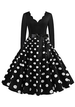 TYQQU Frauen Vintage Polka Dot Print Kleid V Ausschnitt Langarm Partykleid Tailliertes Hepburn Tunika Kleid Schwarzer Punkt L von TYQQU