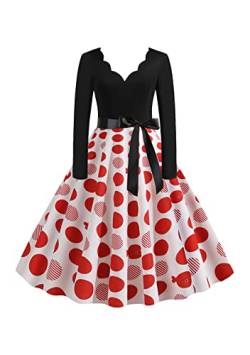 TYQQU Frauen Vintage Polka Dots Hepburn Kleid Cocktailparty Kleid Langarm Slim Fit Kleid Mit V Ausschnitt Rot Weiss XL von TYQQU
