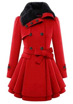 TYQQU Frauen Winter Faux Pelz Kragen Overcoat Elegante Mid-Long Double Breasted Mantel Wolle Mischung Gürtel Jacken Wassermelone Rot S von TYQQU