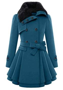 TYQQU Frauen Winter Mid-Long Mantel Casual Faux Pelzkragen Langer Mantel Elegante Wollmischung Warme Jacke Mantel mit Gürtel Blauer See XS von TYQQU