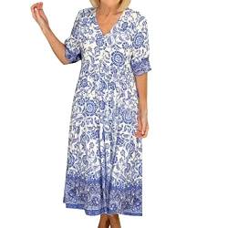 Frauen Kurzarm Floral Boho Kleid Sommer Sommerkleid Casual Wrap V-Ausschnitt A-Linie Boho Maxikleid Abend Kleidung (Blue, XL) von TYTUOO