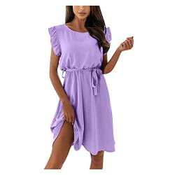 TYTUOO Damen-Kleid, einfarbig, zum Schnüren, kurzes Kleid mit Rundhalsausschnitt und Ärmeln von TYTUOO