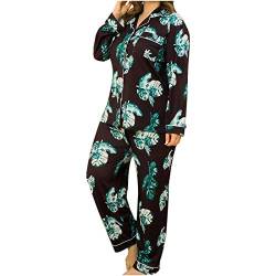 TYTUOO Legeres Damen-Set mit Oberteil und Hose, Übergröße, mit Lippendruck, Pyjama, leichtes Loungewear-Set, lockeres Pyjama-Set, langärmelig, Pullover Gr. 50, D-Grün von TYTUOO