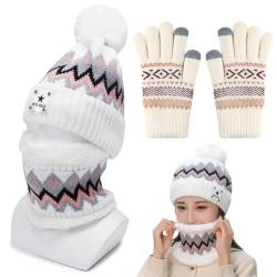 TYXHXTF Wintermütze Schal Handschuhe Sets, Loop Schal Damen, Wintermütze Damen, Schal Wärmer Mütze Damen 3 in 1 Set, Warme Beanie Mütze Winter Set, Strickmützen für Damen von TYXHXTF