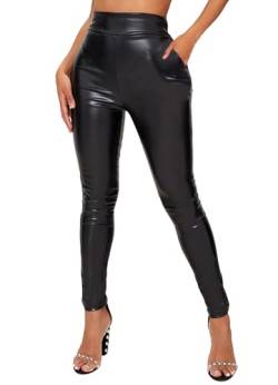 TZLDN Damen Leder Leggings Wetlook High Waist Lederhose Skinny Lederoptik Leggins Hose Strumpfhosen Treggings A001 Schwarz L von TZLDN